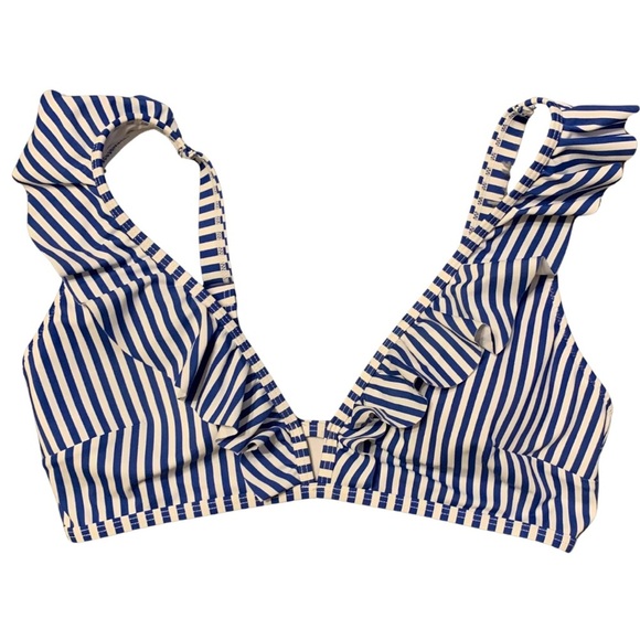 Women’s Navy Blue & White Striped sz L ruffled bikini top w/adjustable straps - Picture 2 of 7